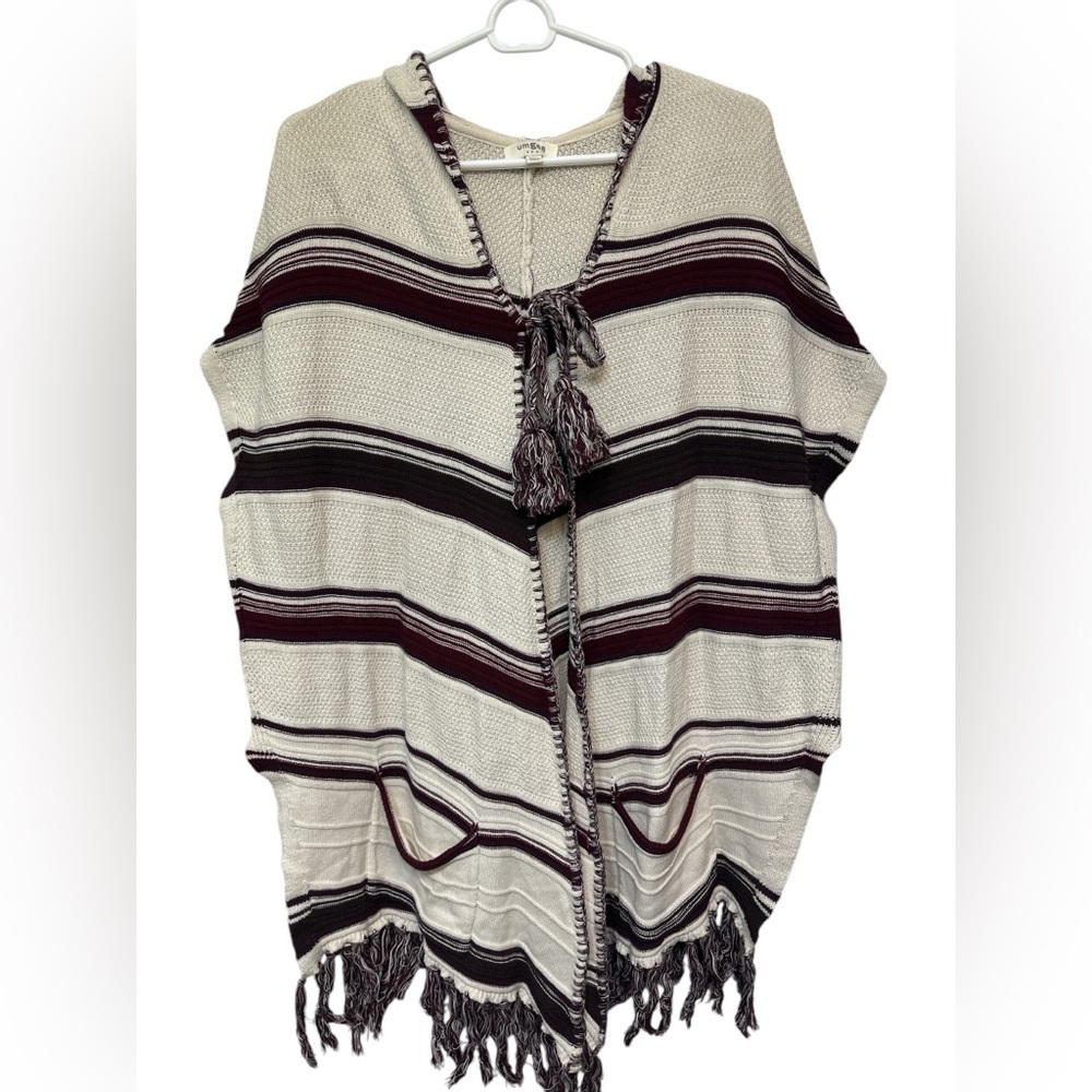 Umgee Women's Burgundy Cream Hooded Chic Boho Bohemian Tribal Wrap Cardigan NWOT